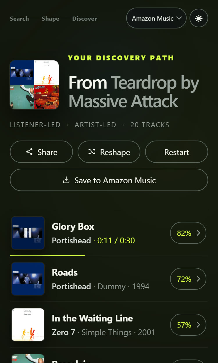 A finished playlist headed "From Teardrop by Massive Attack", with Share, Reshape, Restart and Save buttons; the first track, Glory Box by Portishead, is playing a preview at 0:11 of 0:30.
