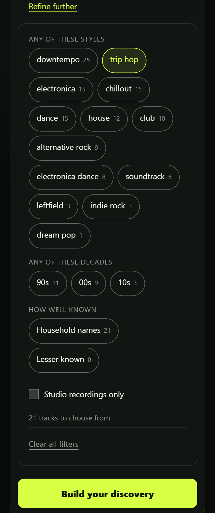 The Refine panel: style chips with track counts, trip hop selected, decades, How well known, the studio switch and "21 tracks to choose from".