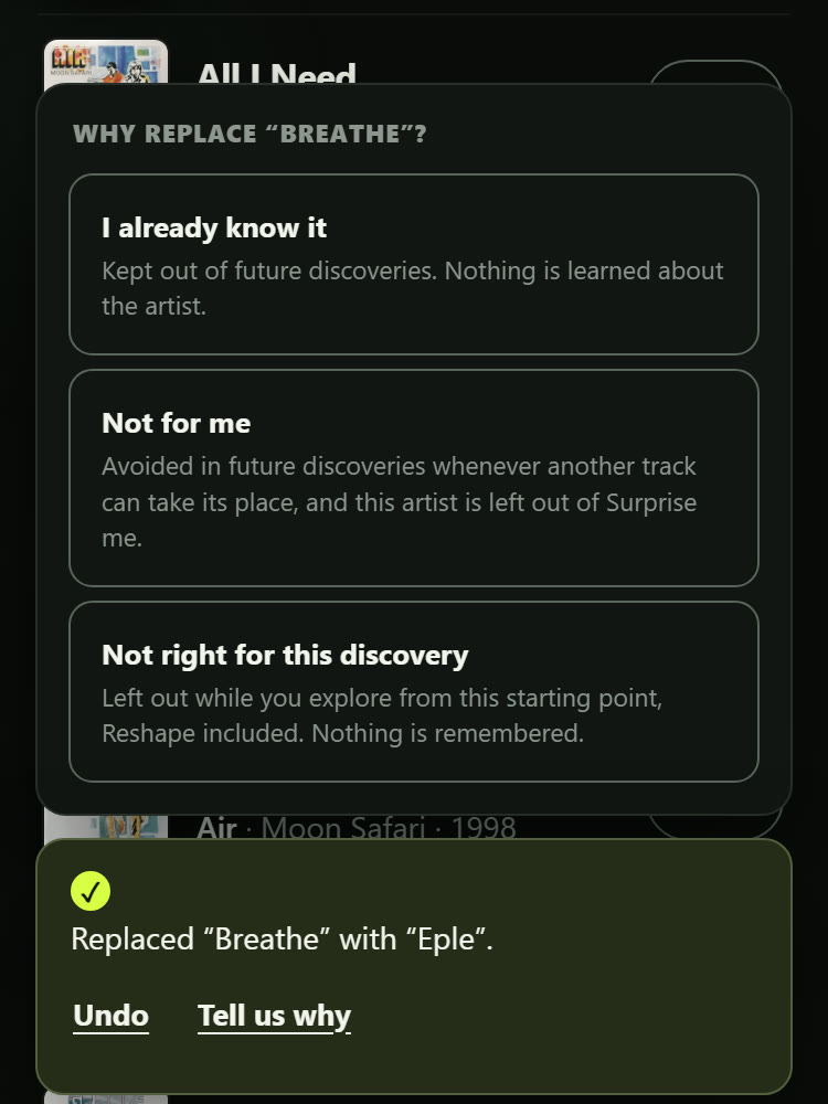 After replacing Breathe with Eple: the confirmation with Undo and "Tell us why", and the three reasons to choose from.