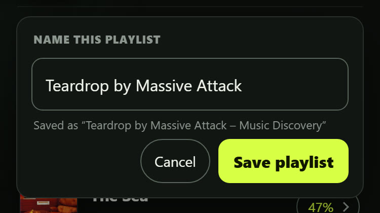 The "Name this playlist" panel, prefilled with "Teardrop by Massive Attack", with Cancel and Save playlist.