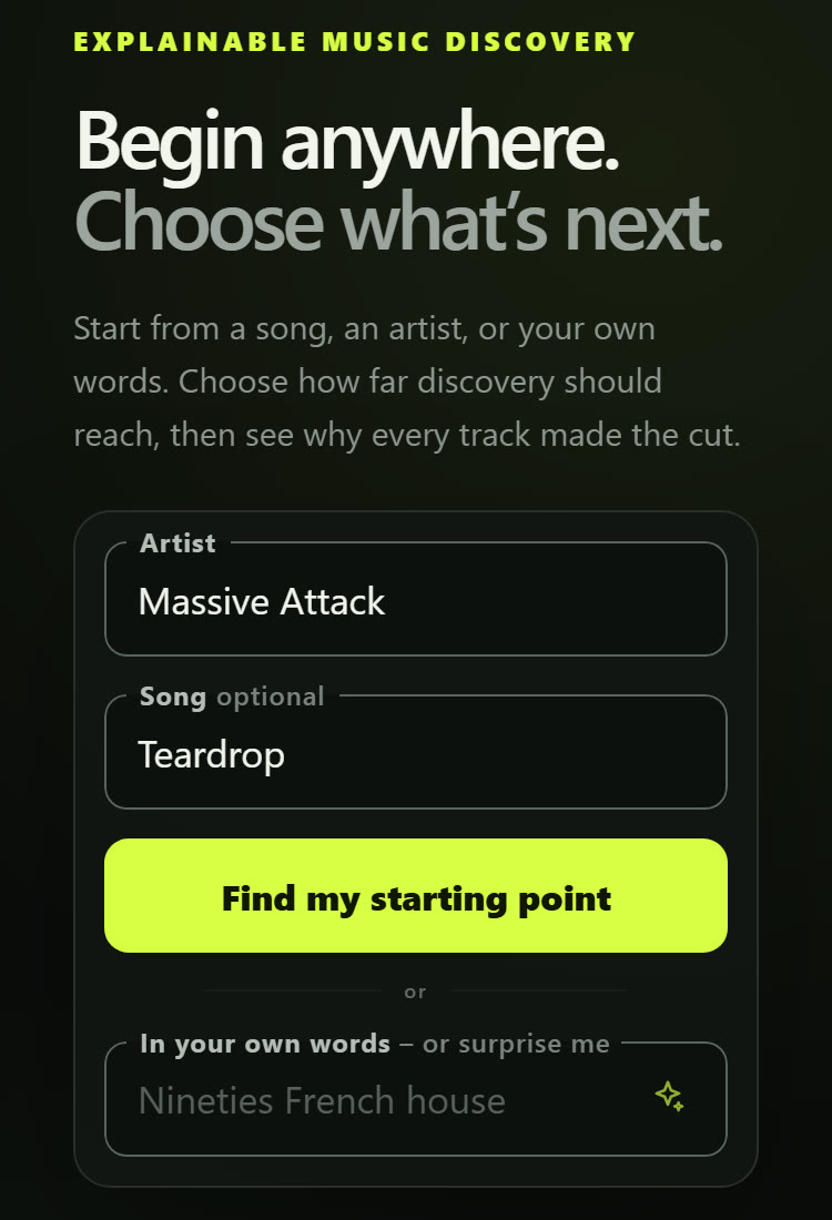 The start page with Massive Attack and Teardrop entered, above the "In your own words" field.